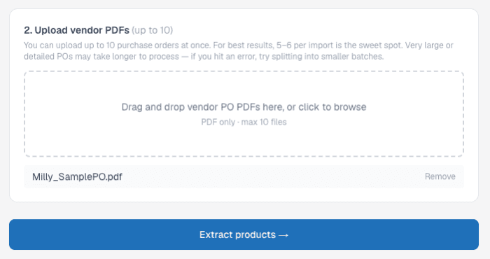 Upload vendor PO PDFs screen