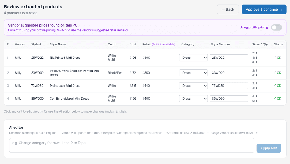 AI extracted product review screen